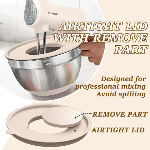 Airtight lid with remove part on 4 Qt stainless steel mixing bowl, part of Eight Piece Khaki Stainless Steel Nesting Mixing Bowls With Airtight Lids.