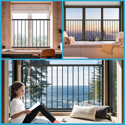 Extra Wide Window Safety Gate For Kids And Pets Tension Mount No Drilling Kidproof Pet Friendly Safe Home Barrier Fits 61.41 To 86.60 Inches Black 3 Piece Setup Easy Use, installed in modern home window.