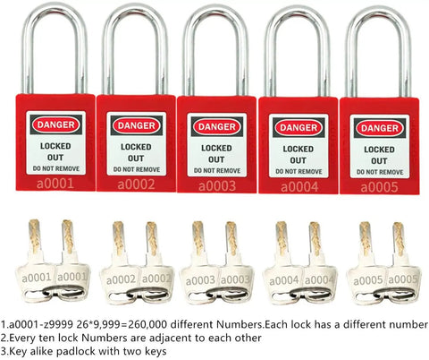 Lockout Tagout Five Pack Identical Padlocks Red Color With Two Keys Per Lock Key Alike Safety Locks For Stations And Devices