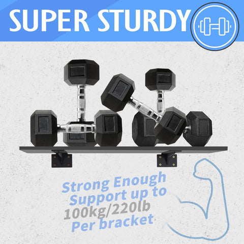 Heavy Duty Corner Shelf Brackets 14 Inch Black Steel One Fifth Inch Thick Max Load 440 Lb supporting dumbbells