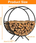 Image of Heavy Duty 31-Inch Firewood Rack for Outdoor Use, showing round design, steel construction, and size dimensions.