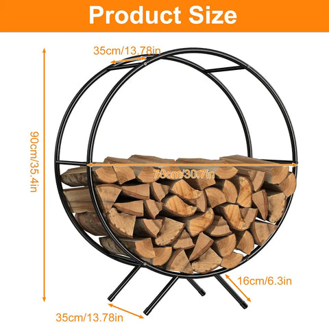 Image of Heavy Duty 31-Inch Firewood Rack for Outdoor Use, showing round design, steel construction, and size dimensions.