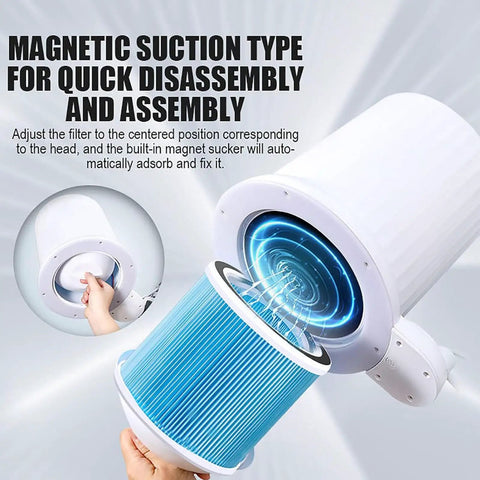 Pro Level Manicure Nail Vacuum Cleaner With Dimmable LED Lamp And Washable Reusable Filter For Zero Mess Dust Extraction and Glitter Cleanup showing magnetic suction type filter adjustment.