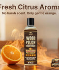 Native Bee Wax Wood Polish And Conditioner Blended With Bright Orange Oil Keep Your Furnishings Straight Up Pristine Restore Deep Color And Smooth Grain For A Clean Slick Shine 8 Oz with orange slice and bottle.