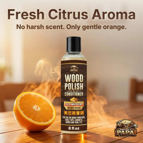 Native Bee Wax Wood Polish And Conditioner Blended With Bright Orange Oil Keep Your Furnishings Straight Up Pristine Restore Deep Color And Smooth Grain For A Clean Slick Shine 8 Oz with orange slice and bottle.