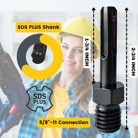 Heavy Duty Five Eighths Inch To Eleven UNC SDS Plus Shank Adapter For Hammer Drills And Core Drill Bits With Secure Fit Arbor Shaft Attachment, Industrial Grade Steel, Durable, Easy Connection