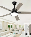 52 Inch Ceiling Fan With Light And Remote, modern design, 5 blades in white and oak, matte black housing, living room setting