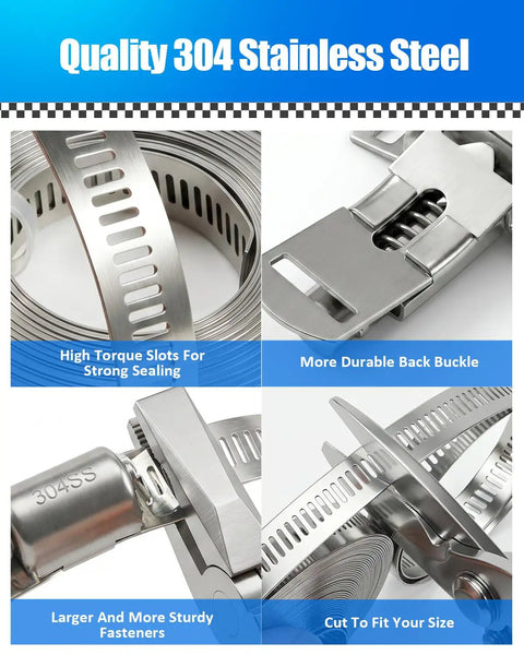 Collage of a Cut To Fit Stainless Steel Hose Clamp Kit That Is DIY Friendly With A 32.81 Foot Roll Of 304 Band And 20 Reinforced Fasteners