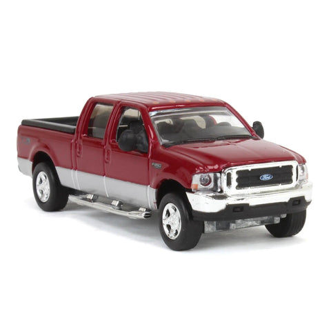 Ford F 250 Super Duty Crew Cab Diecast Pickup Truck Red And Silver One Sixty Fourth Scale Model With Dope Metal Chassis And Real Rubber Tires Collectible Display Piece