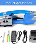 Portable electric strapping machine accessories including battery charger, tools, and metal components for efficient operation.