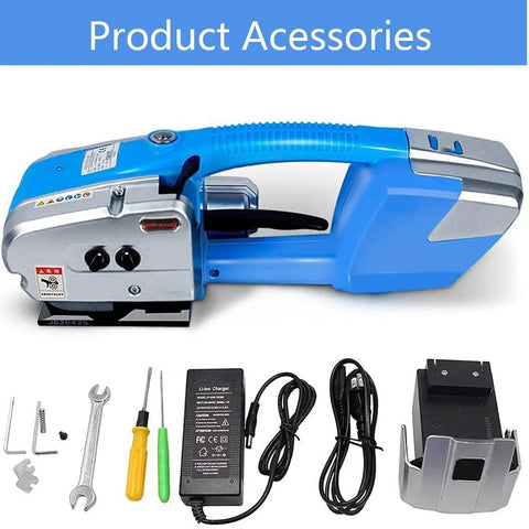 Portable electric strapping machine accessories including battery charger, tools, and metal components for efficient operation.
