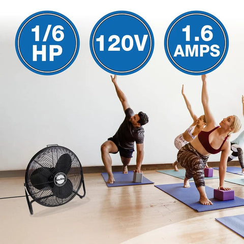 Industrial Grade 20 Inch High Velocity Pivoting Floor Fan For Powerful Air Circulation In Industrial And Commercial Spaces With Powder Coated Steel Construction One Sixth HP Motor OSHA Compliant AMCA Tested Heavy Duty Built To Last displayed near people practicing yoga indoors.