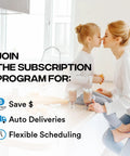 Mother and daughter enjoying a snack in kitchen with subscription program benefits listed: save money, auto deliveries, flexible scheduling.