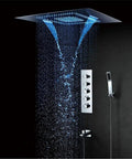 No Sweat Ceiling Mounted Shower Combo Set With Thermostatic Concealed Valve And Slick Chrome Trim For Modern Bathrooms Built Tough Copper Core Seamless LED Spray Head Plus Tub Spout; stainless steel overhead panel with LED spray.