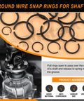 150Pcs 10 Size 65Mn Steel Round Wire Snap Rings Set For Shafts C Clips Internal Retaining Rings displayed in set with installation view
