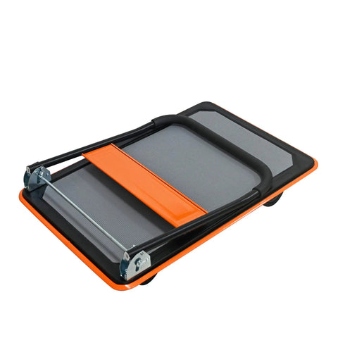Heavy Duty Flatbed Cart And Hand Truck With 660 Lb Capacity Folding Design For Easy Storage, folded with orange finish.