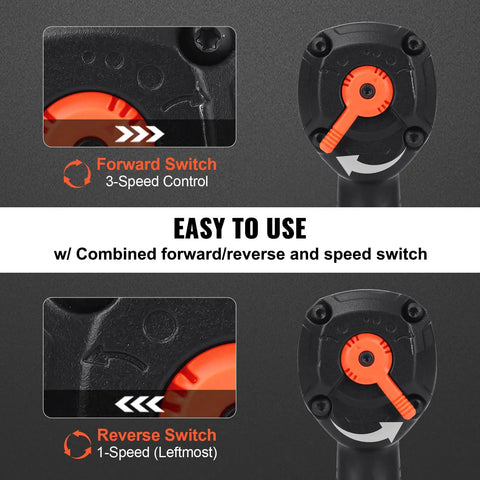 Half Inch Air Impact Wrench With 1400 Ft-Lbs Torque, Ultra Lightweight 4.6 Lbs, showing forward and reverse control switch
