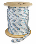 No Nonsense 3/4 Inch By 1800 Feet Polyester Double Braid Cable Pulling Rope With Stitched Eye Loops Made In USA on a wood spool.