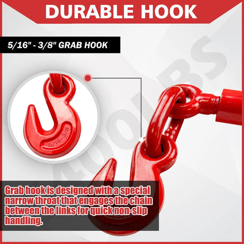 Heavy Duty Ratchet Chain Binders 5/16 To 3/8 Inch 5400 Lbs Safe Working Load 4 Pack With 2 Grab Hooks Tie Downs For Grade 70 Transport Chain Weatherproof Red Shell 15 Inch Handle Towing Ready