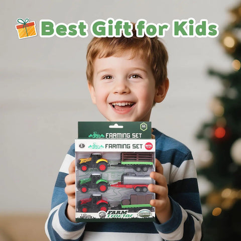 Boy holding 3 Pack Farm Tractor Toys With Trailers Diecast Alloy Tractors And Trucks For Kids Great Gift For Toddlers Boys Ages 3 To 8