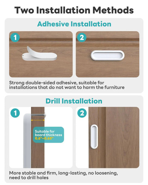 Self Adhesive Drawer Pull Handles 4 Inch White 4 Pack Durable Aluminum Alloy One Piece Construction No Rust Or Bending Dual Mount Quick Install Closet Door Knobs adhesive and drill options on wood cabinet