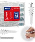 Self Drilling Drywall Anchors With Screws Kit 120 Pieces Heavy Duty Mounting Set No Pre Drill Required Holds Up To 75 Lb Perfect For Sheetrock Shelves And Mirrors showing plastic anchors, packaging, and installation example