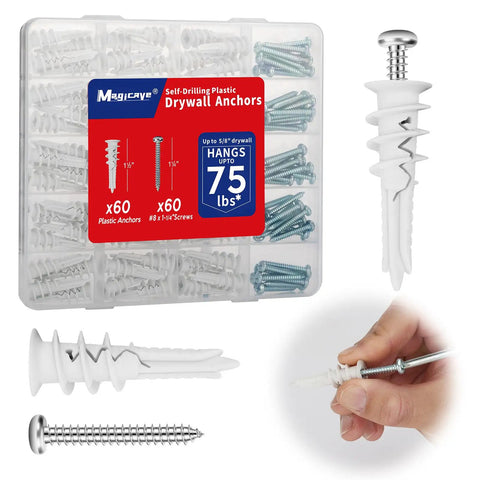 Self Drilling Drywall Anchors With Screws Kit 120 Pieces Heavy Duty Mounting Set No Pre Drill Required Holds Up To 75 Lb Perfect For Sheetrock Shelves And Mirrors showing plastic anchors, packaging, and installation example