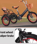 Outdoor Cruiser Tricycle For Travel And Family Fun Three Wheel Pedal Trike with front wheel caliper brake, red 18-inch wheels.