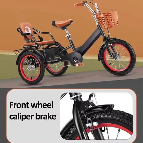 Outdoor Cruiser Tricycle For Travel And Family Fun Three Wheel Pedal Trike with front wheel caliper brake, red 18-inch wheels.