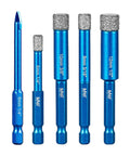 Heavy Duty Five Piece Vacuum Brazed Diamond Core Drill Bits Set Features 1/4 Inch Hex Shank showing different sizes for drilling.