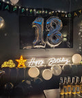 Happy Birthday Neon Sign Led Wall Decor Warm White Glow Two Piece Display on party wall with '18' balloons and lights.