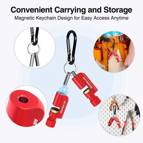 Real Deal Aluminum Stair Gauges Set With Thick Rubber Pads For Framing Squares And Speed Square, Zero Hassle Woodworking Jig Tool Featuring Grip Tight Copper Clamps In Bold Red Finish on a keychain.