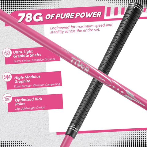 Close-up of pink ultra-light graphite shafts for Left Handed Women Golf Clubs Set 7 Piece Complete Deluxe Kit with Driver Hybrid