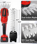 Cordless 2-In-1 Hedge Trimmer And Grass Shears with 5 inch grass blade and 9 inch trimming blade, highlighting dual action blades.