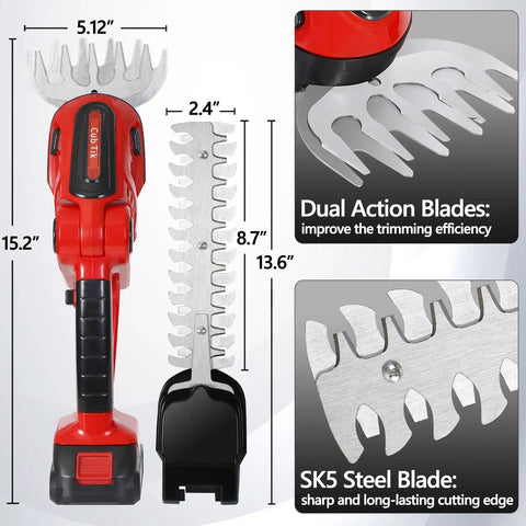 Cordless 2-In-1 Hedge Trimmer And Grass Shears with 5 inch grass blade and 9 inch trimming blade, highlighting dual action blades.
