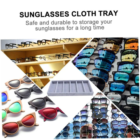 Clean Setup Six Slot Black Sunglasses Display Holder And Jewelry Organizer Box With Solid Build And Scratch Free Tray on a desktop.