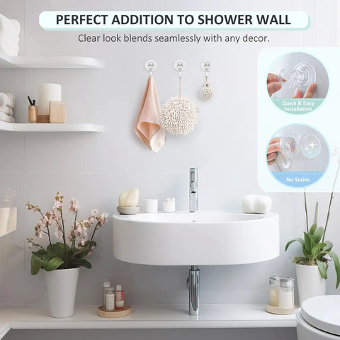 Clear Suction Cup Hooks For Shower Small Size Heavy Duty Removable And Reusable Transparent Bathroom Organizer on wall