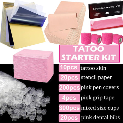 Beginner Friendly All In One Tattoo Practice Kit With Pink Fake Skin, Ink Cups, Machine Covers, Grip Tape, Bibs, And 554 Piece Supplies