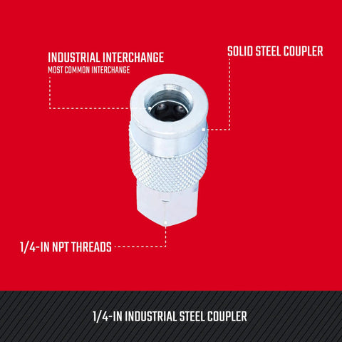 One Quarter Inch Steel NPT Female Air Hose Quick Connector Coupler With Industrial Interchange, front view
