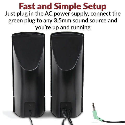 Back view of Compact 2.0 Computer Speakers With Full Stereo Sound, Easy Setup And Convenient Controls, shown with 3.5mm audio jack.