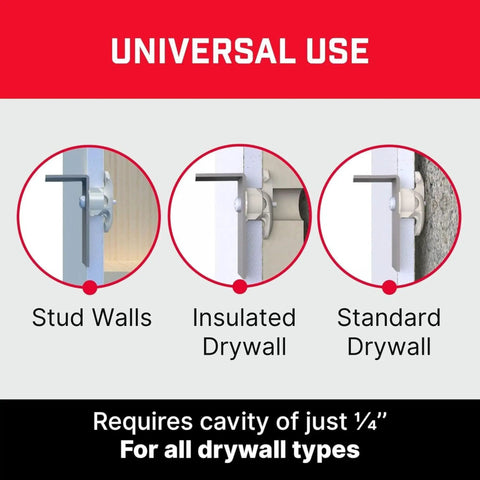 Beefed-Up Heavy Duty Drywall Anchors And Screws Kit showing universal use with stud, insulated, and standard drywall types.