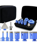 Slay Your DIY Proj With This Diamond Tile Hole Saw Kit Including Porcelain Ceramic Granite Marble Drill Bits And Beveling Chamfer Adapter. 10-piece blue drill bit set with case.