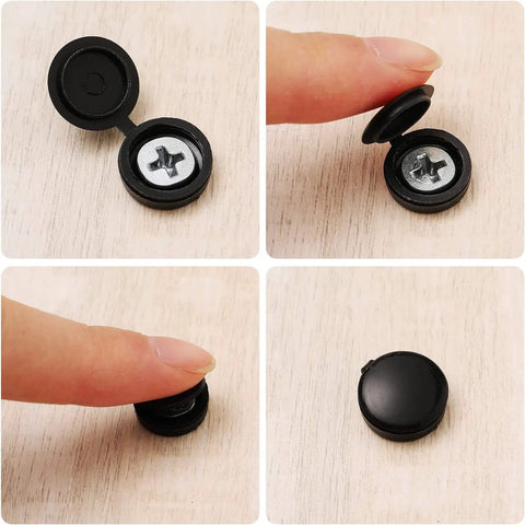 Black hinged plastic screw cover caps with shutter fold design, demonstrating snap on washer flip tops, easy installation on wood surface.