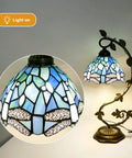 Sea Blue Dragonfly Handmade Stained Glass Desk Lamp with Metal Leaf Base Vintage Curved Reading Light, LED Bulb Included
