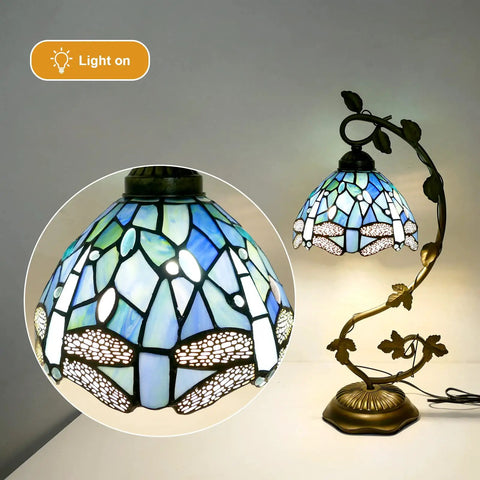 Sea Blue Dragonfly Handmade Stained Glass Desk Lamp with Metal Leaf Base Vintage Curved Reading Light, LED Bulb Included