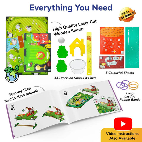 Hands On DIY Mini Golf STEM Kit For Kids Ages Six To Twelve Build A 10 Hole Course With A Mechanical Golfer Windmill Pop Up Trees Shots Counter And Champion Trophy No Tools Needed Screen Free Fun That Teaches Real Engineering, parts and manual