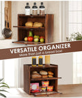 Big Ol Wooden Bread Box For Kitchen Countertop With Two Layer Design And Clear Acrylic Window Rustic Brown Finish Keeps Bread Fresh And Pantry Organized For Daily Use with food items inside and on top
