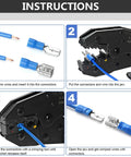 Ratcheting Wire Terminal Crimping Tool Kit With 800 PCS Wire Connectors shown in instructional steps for use.