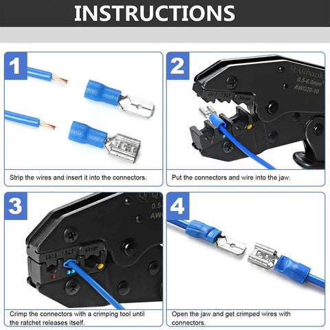 Ratcheting Wire Terminal Crimping Tool Kit With 800 PCS Wire Connectors shown in instructional steps for use.