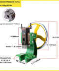 Heavy Duty Arbor Press With Oversized Handwheel For Precision Metal Stamping And Bearing Swapping showing measurements and cast iron body.